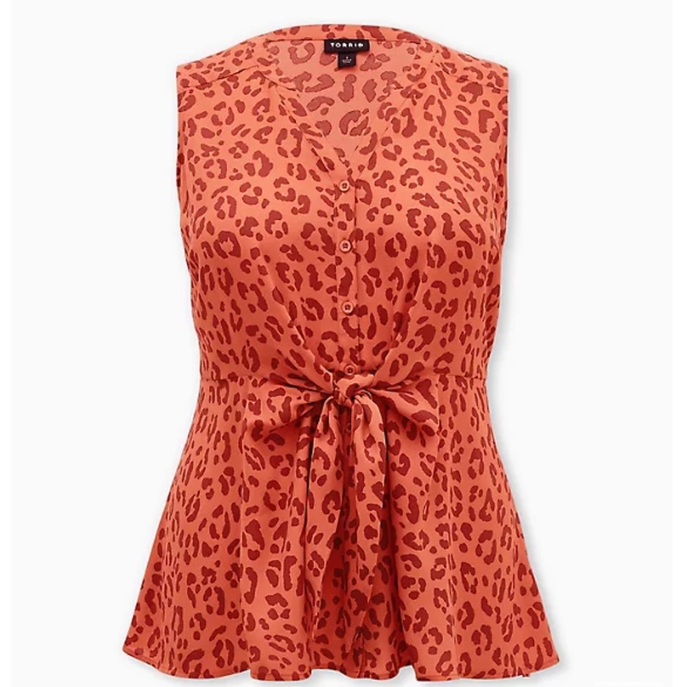 Orange Leopard Georgette Peplum Tie-Front Tank - Picture 4 of 7